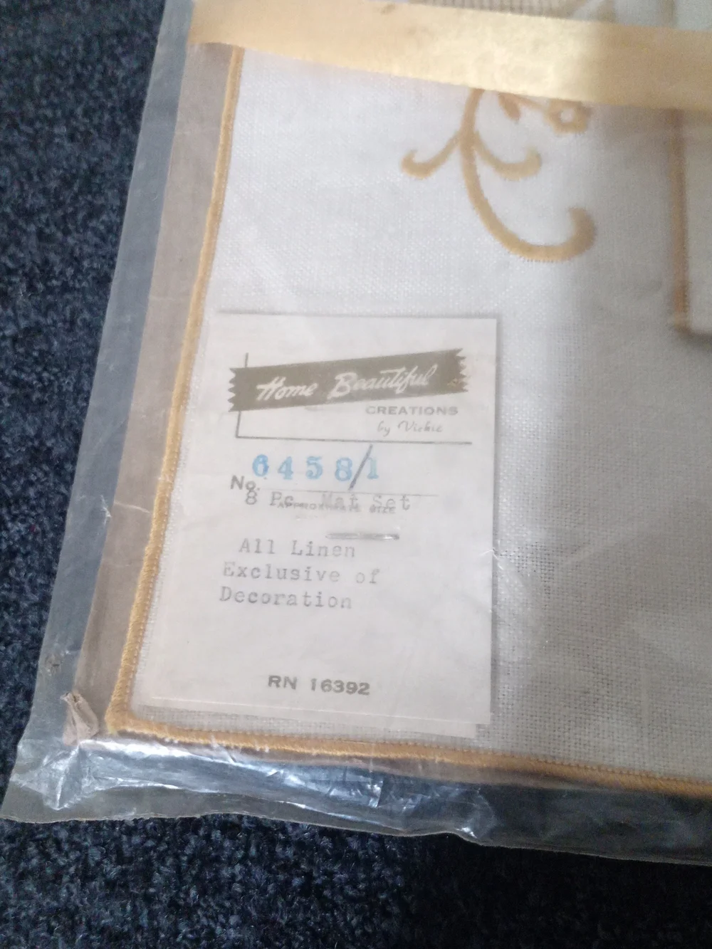 1962 Vintage Set Of 8 Placemats Gold Embroidered On Cream Linen NWT